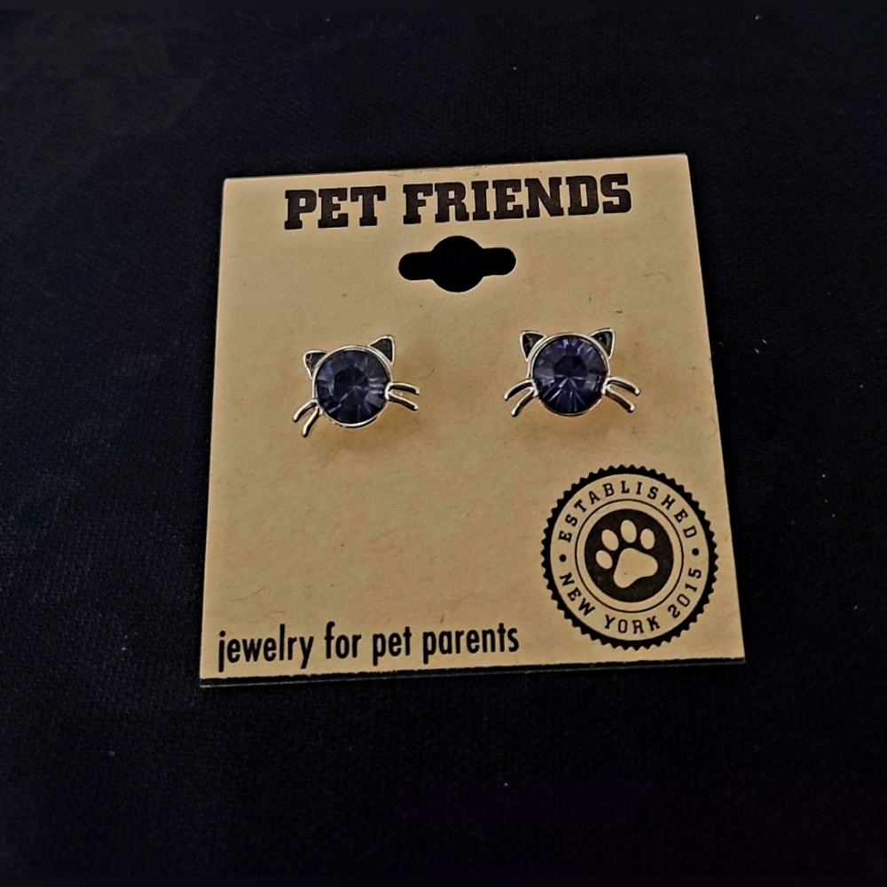 Blue stoned silver accented cat earrings. Great for cat lovers!